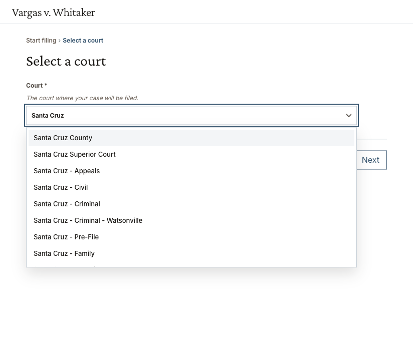 Choosing a court by name in the Rhetoric Direct filing form.